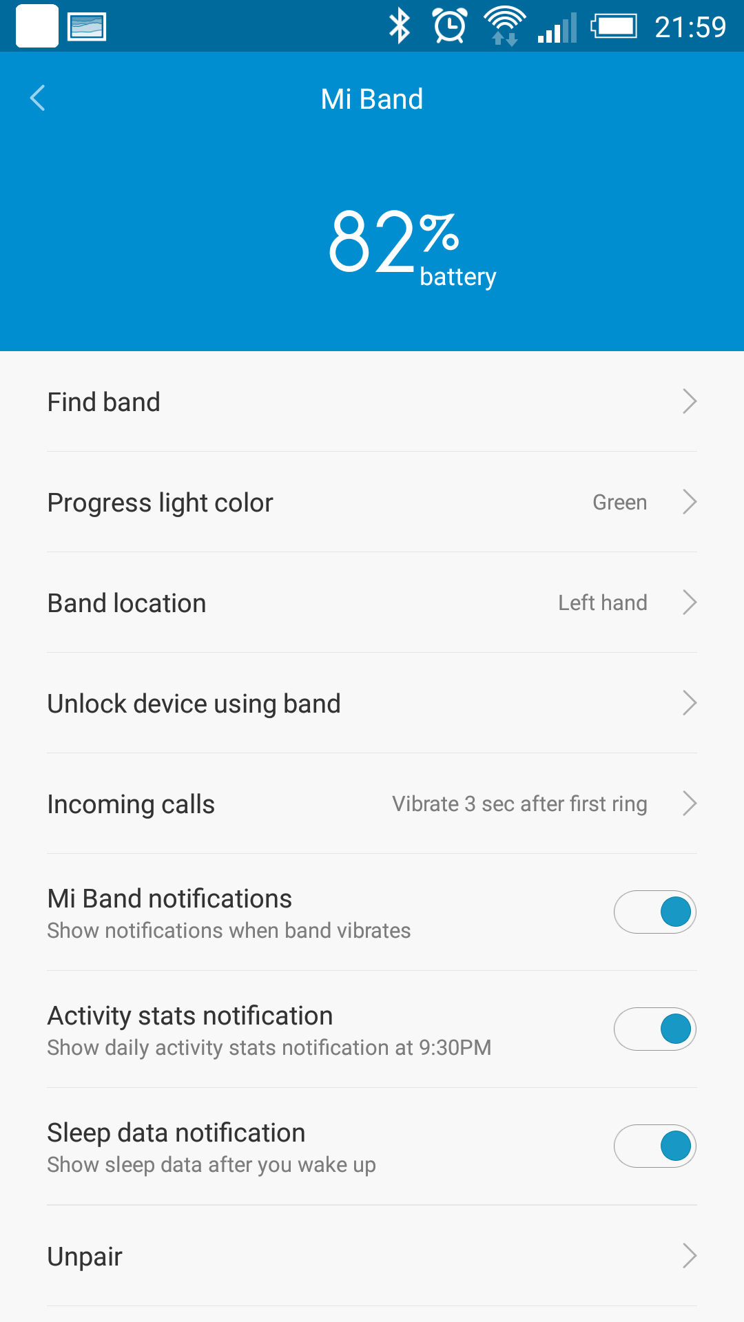 Xiaomi Mi band settings