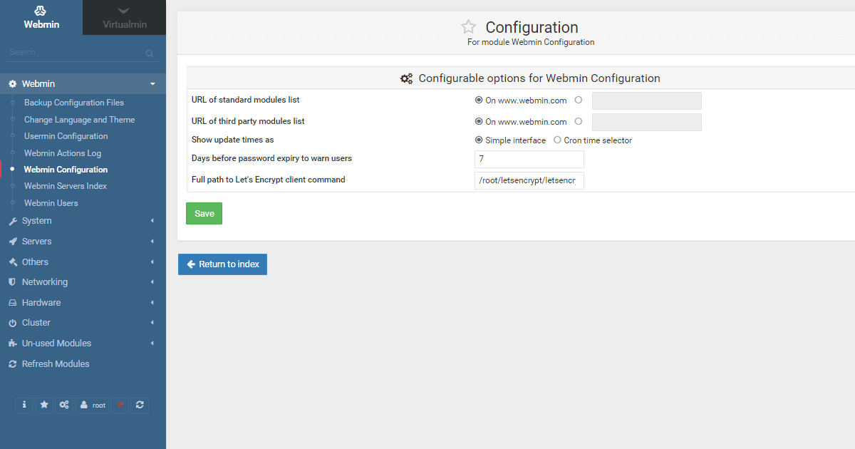 configurable options for webmin