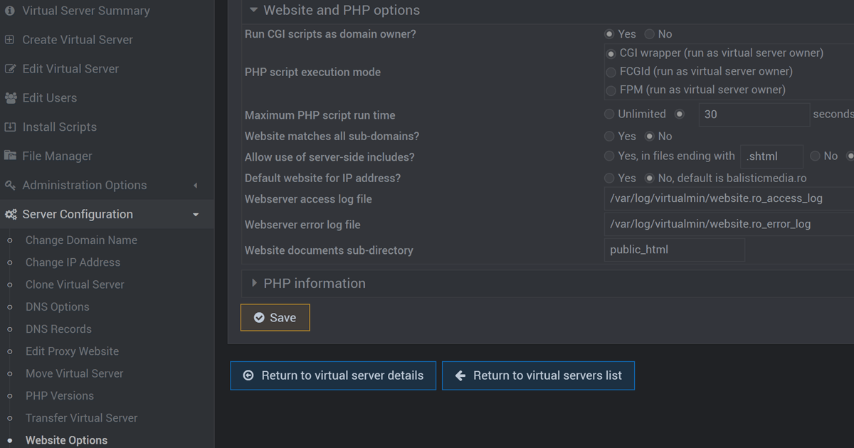 execution mode cgi php-fpm virtualmin