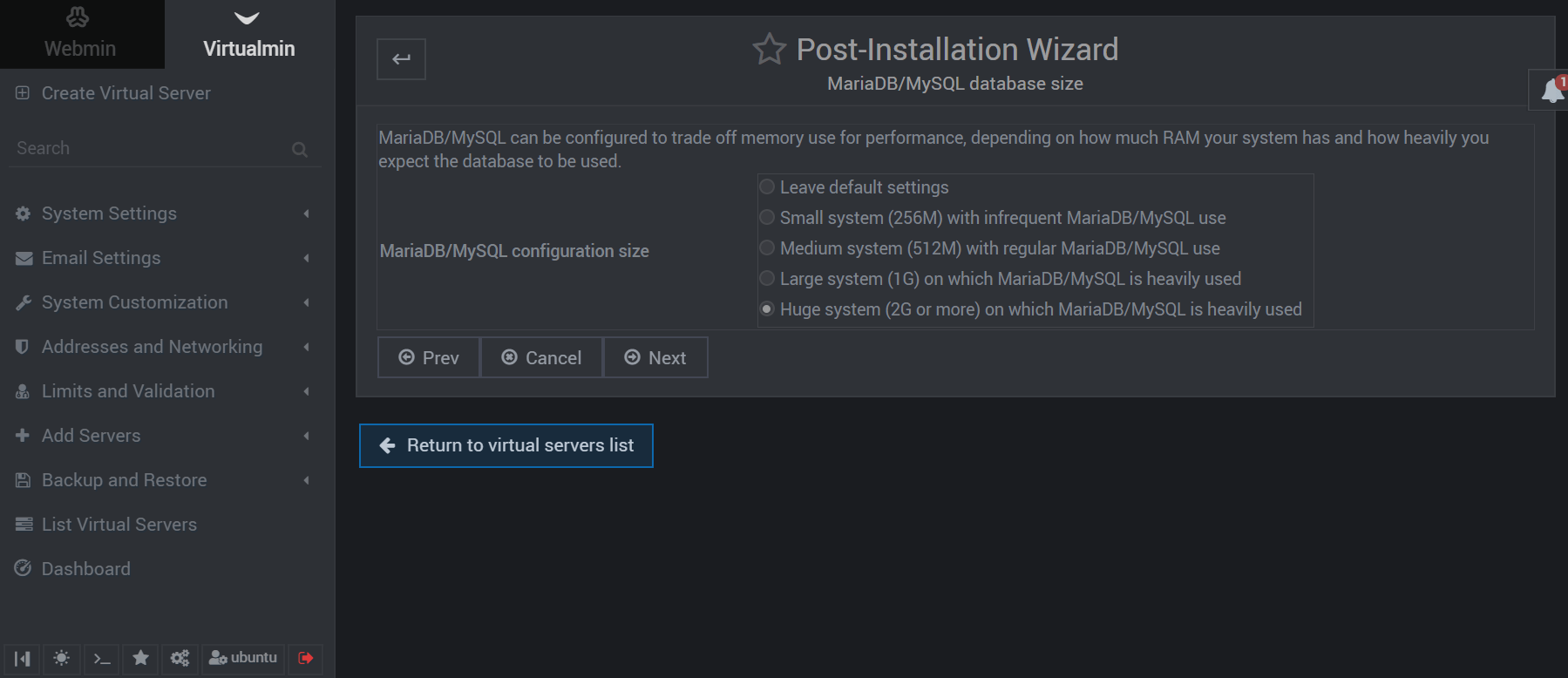 virtualmin post installation database size