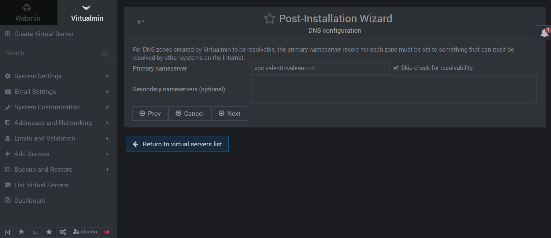 virtualmin post installation dns configuration