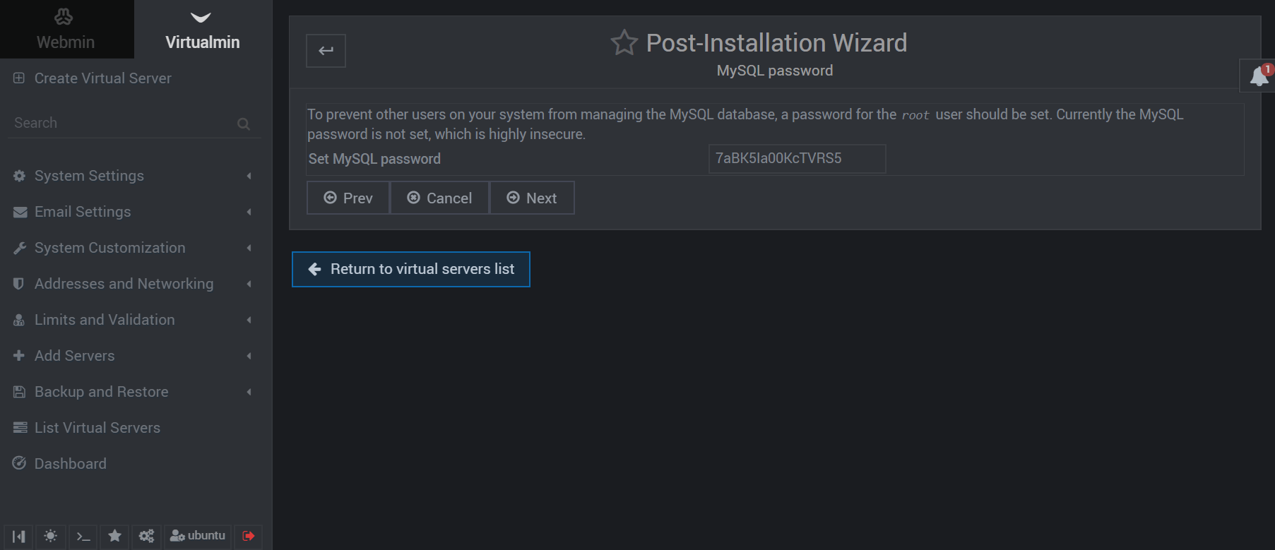 virtualmin post installation mysql password