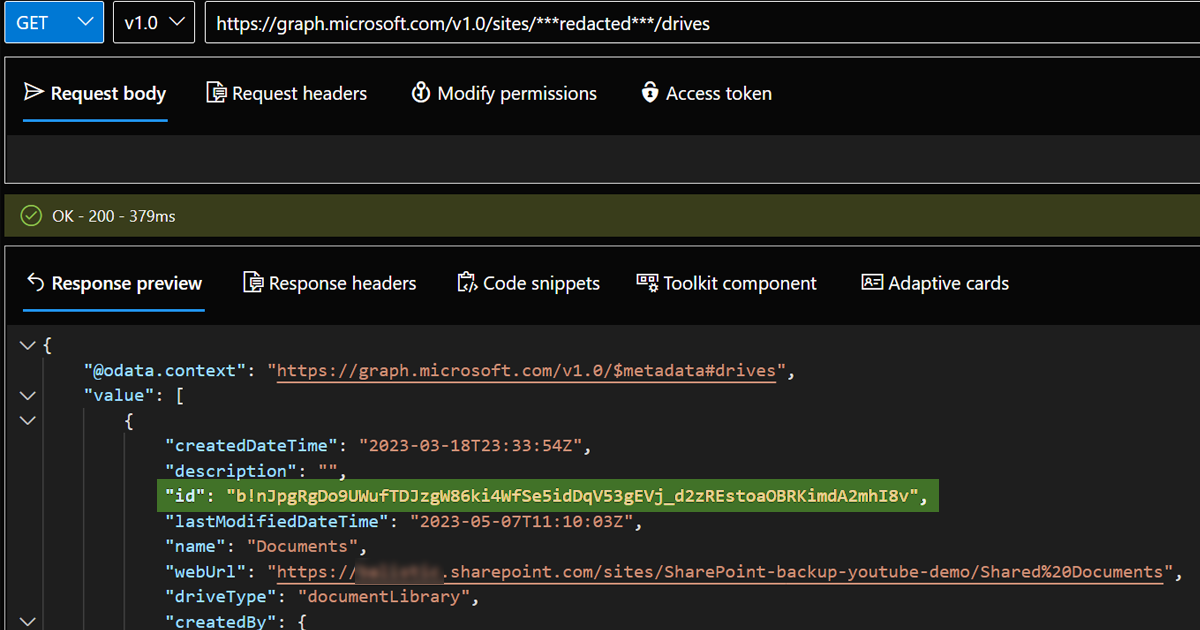 microsoft graph query to get the drives list from a site id