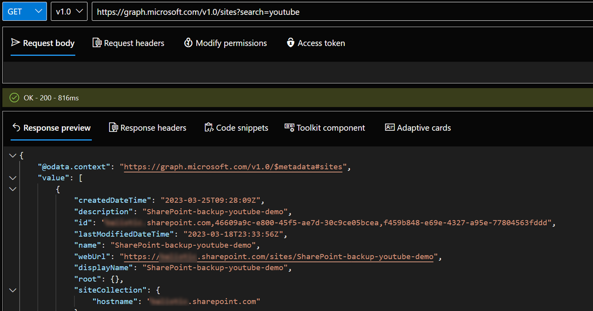 microsoft graph query to list sites containing a keyword